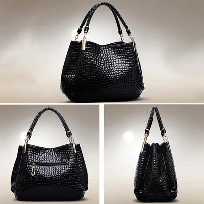 Large Capacity Crocodile Print Tote Bag – Fashionable PU Leather Bucket Shoulder Handbag | Spacious Zipper Closure Daily Commute & Shopping Bag