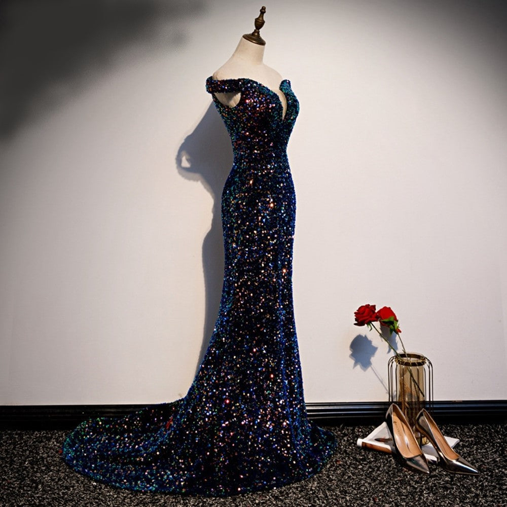 Boat Neck Floor-Length Sequined  Prom Dress with Train