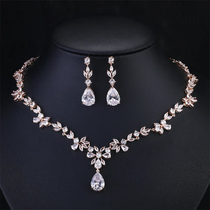 Water Drop Cubic Zirconia Jewelry Set – Romantic Necklace & Earrings for Women | Fashion Bridal Gift in Copper with CZ Sparkle