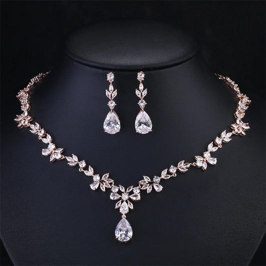 Water Drop Cubic Zirconia Jewelry Set – Romantic Necklace & Earrings for Women | Fashion Bridal Gift in Copper with CZ Sparkle