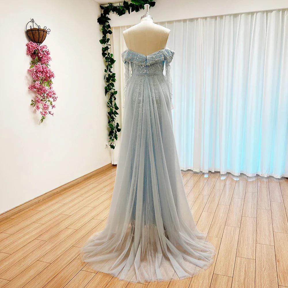 Mermaid Pearls Evening Dress for Women | Long Sleeves with Detachable Train Formal Dress