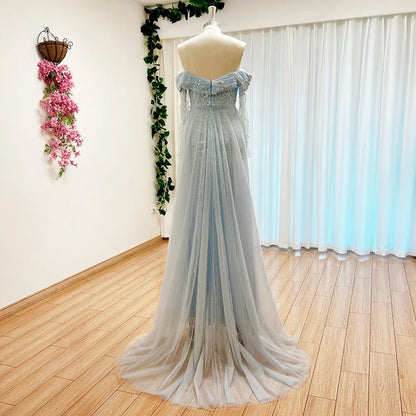 Mermaid Pearls Evening Dress for Women | Long Sleeves with Detachable Train Formal Dress