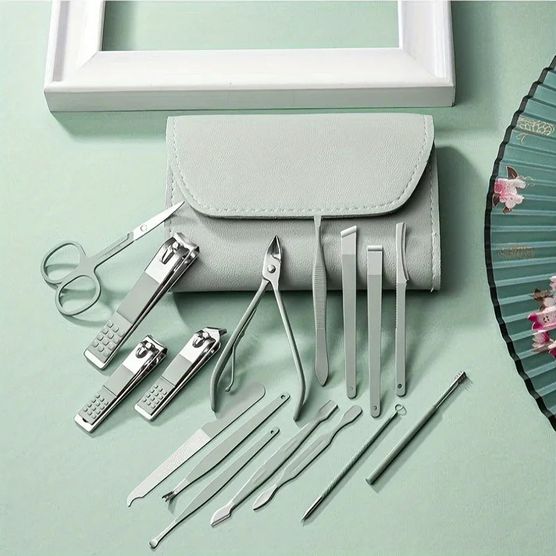 16pcs Professional Manicure & Pedicure Set – Stainless Steel Nail Clippers, Cuticle Nippers & Grooming Tools with Travel Case