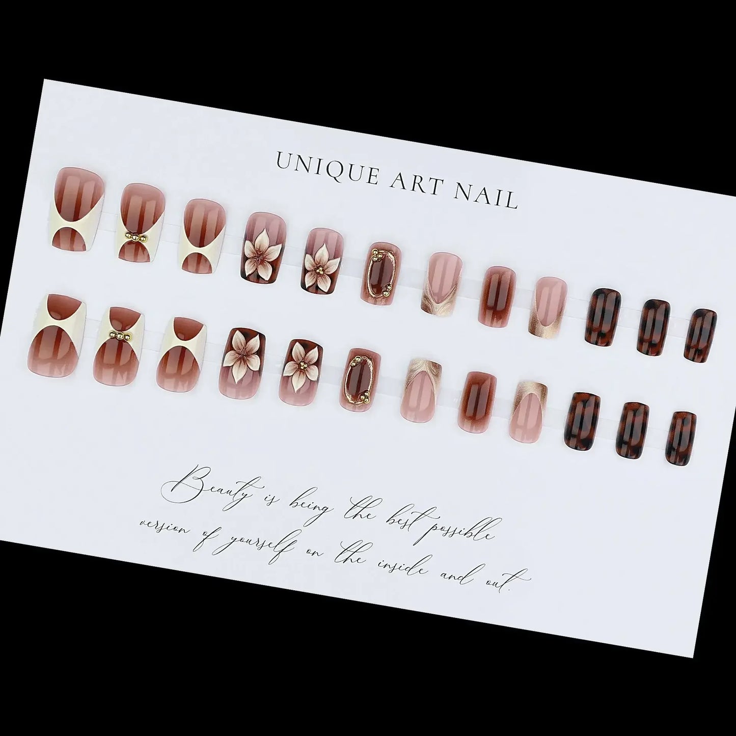 3D Leopard Flower Press On Nails – 24pcs Medium Square French Style