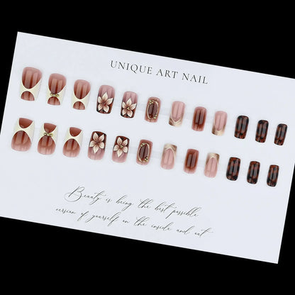 3D Leopard Flower Press On Nails – 24pcs Medium Square French Style