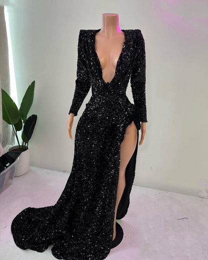 Sequin Mermaid Long Prom Dress | African Girl V-neck With Long Sleeves High Slit Party Prom Dress
