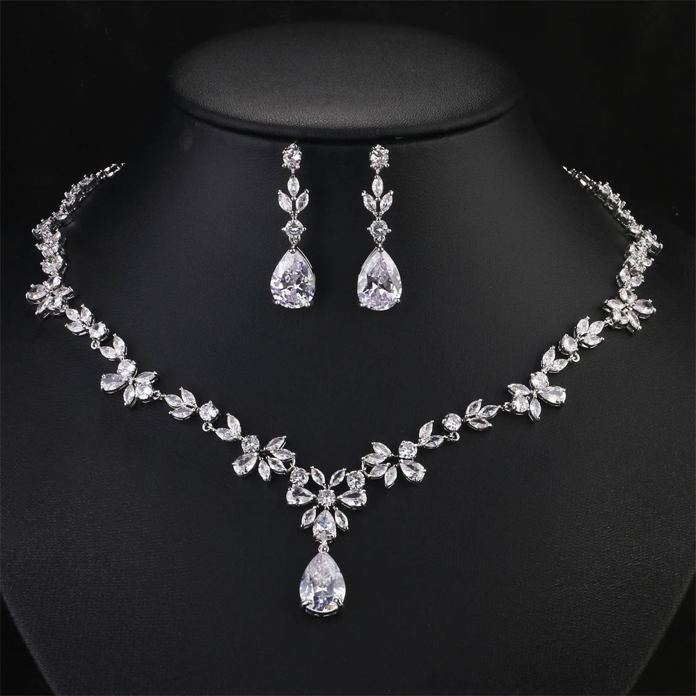 Water Drop Cubic Zirconia Jewelry Set – Romantic Necklace & Earrings for Women | Fashion Bridal Gift in Copper with CZ Sparkle