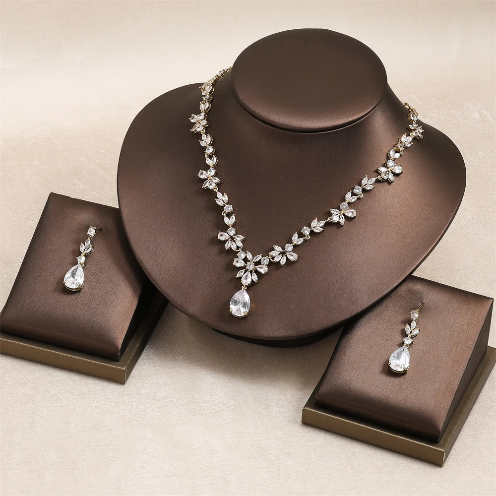 Water Drop Cubic Zirconia Jewelry Set – Romantic Necklace & Earrings for Women | Fashion Bridal Gift in Copper with CZ Sparkle
