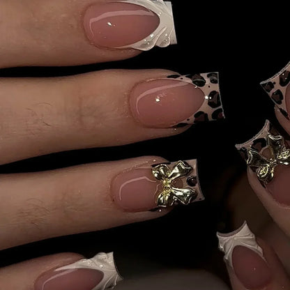 3D Leopard Flower Press On Nails – 24pcs Medium Square French Style