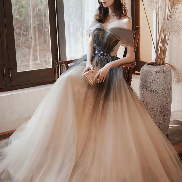 Retro Design Elegant Strapless A-Line, Appliques, Off The Shoulder Backless Prom Dress