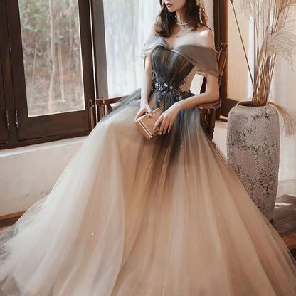 Retro Design Elegant Strapless A-Line, Appliques, Off The Shoulder Backless Prom Dress