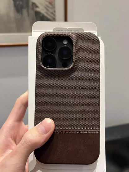 Luxury Leather Splice Business Phone Case For iPhone 17 Air / 16 / 15 Pro Max – Matte Weaving Frameless Shockproof Cover