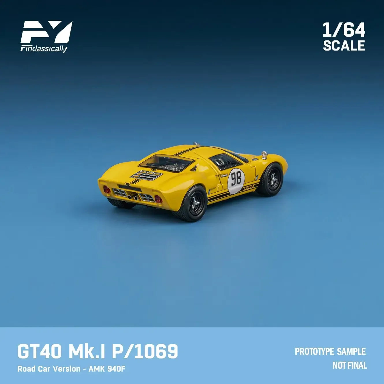 GT40 Mk.I P/1069 in bright yellow, 1/64 scale model car with racing decals.