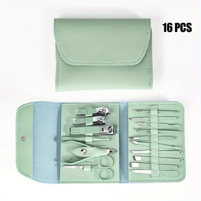 16pcs Professional Manicure & Pedicure Set – Stainless Steel Nail Clippers, Cuticle Nippers & Grooming Tools with Travel Case