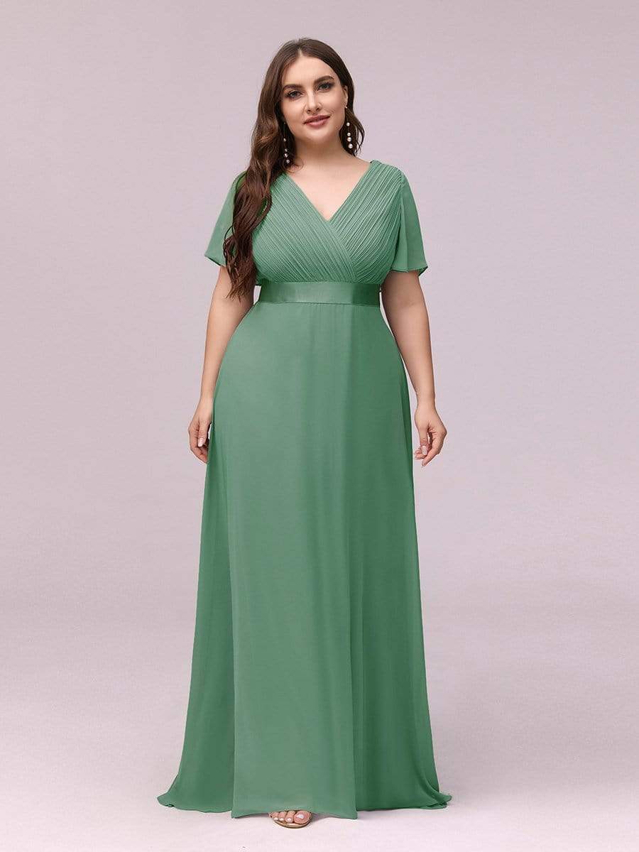 New Women Plus Size Evening Dresses, Long Elegant A Line V Neck Ruffles Chiffon Formal Wedding Party Dress