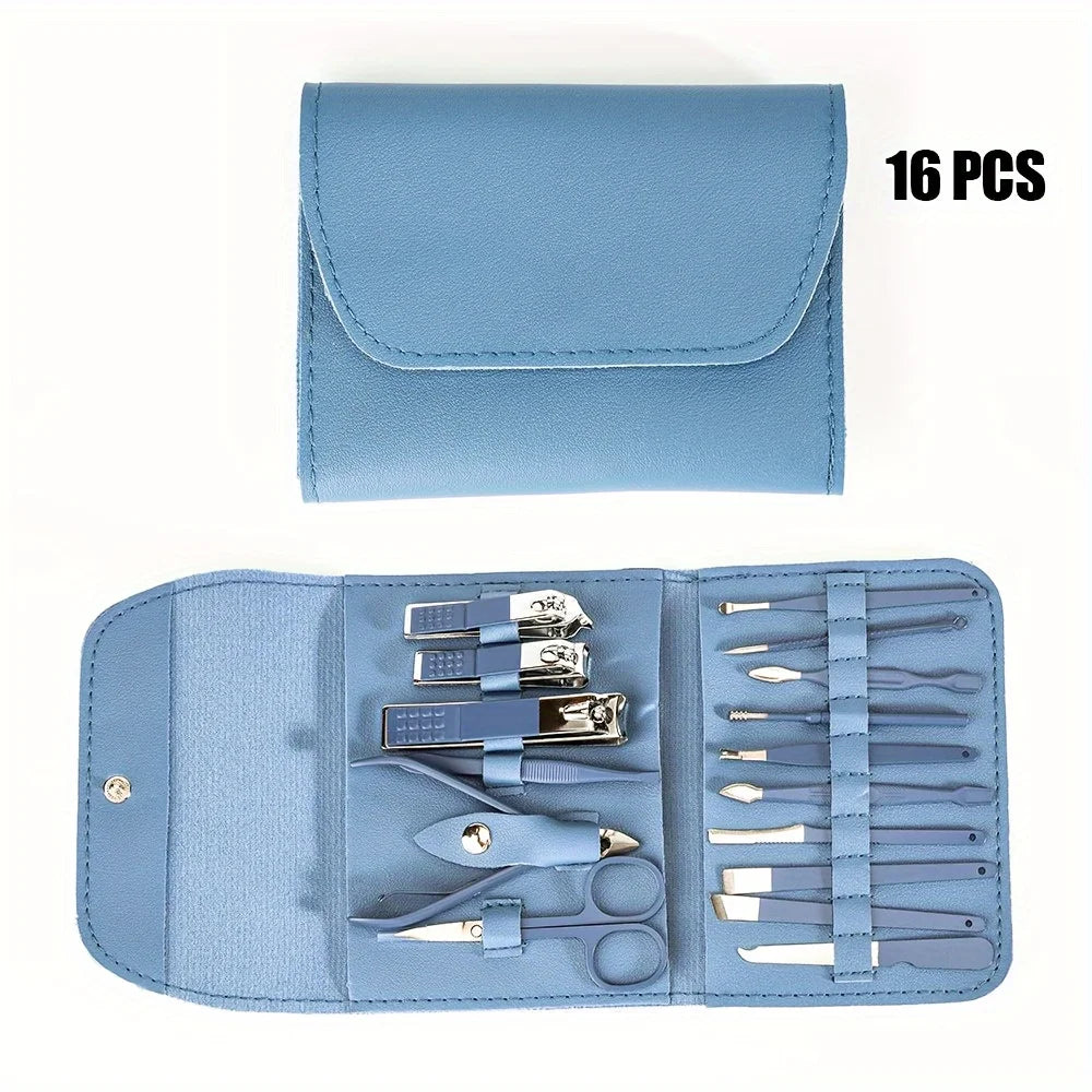 16pcs Professional Manicure & Pedicure Set – Stainless Steel Nail Clippers, Cuticle Nippers & Grooming Tools with Travel Case
