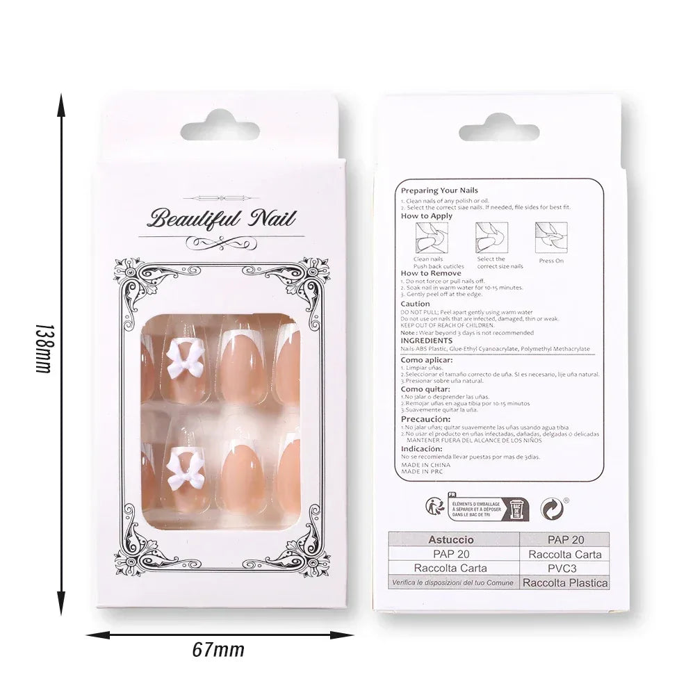 24 Pcs White French Press On Nails with 3D Bow – Short Square Acrylic Fake Nails, Reusable Full Cover Glue On Nails for Women, Ballet Y2K Style
