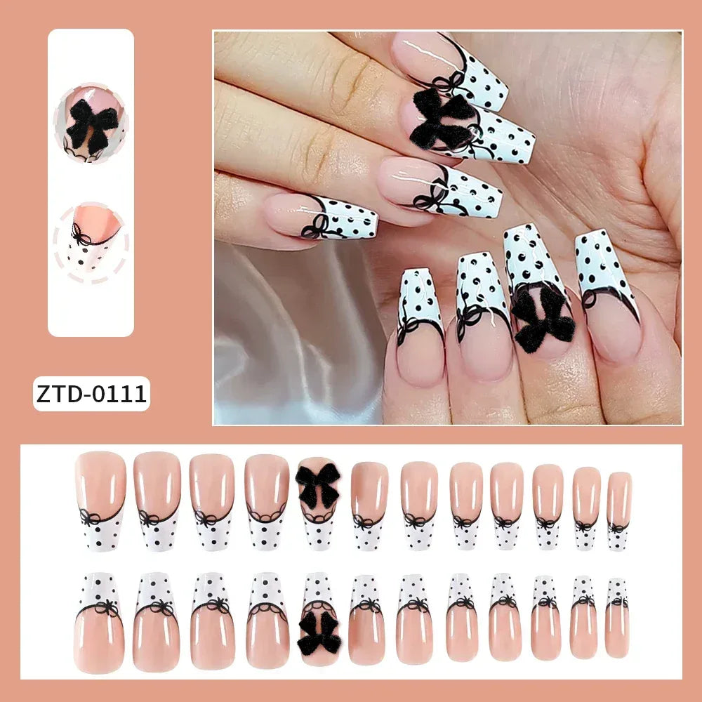 24 Pcs White French Press On Nails with 3D Bow – Short Square Acrylic Fake Nails, Reusable Full Cover Glue On Nails for Women, Ballet Y2K Style
