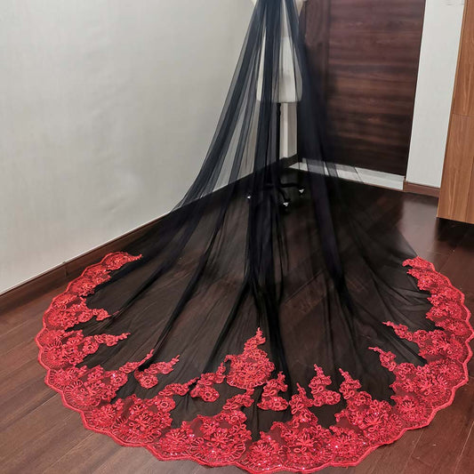Wedding Veil Black Tulle Red Lace One Layer Long Bridal Veil with Comb