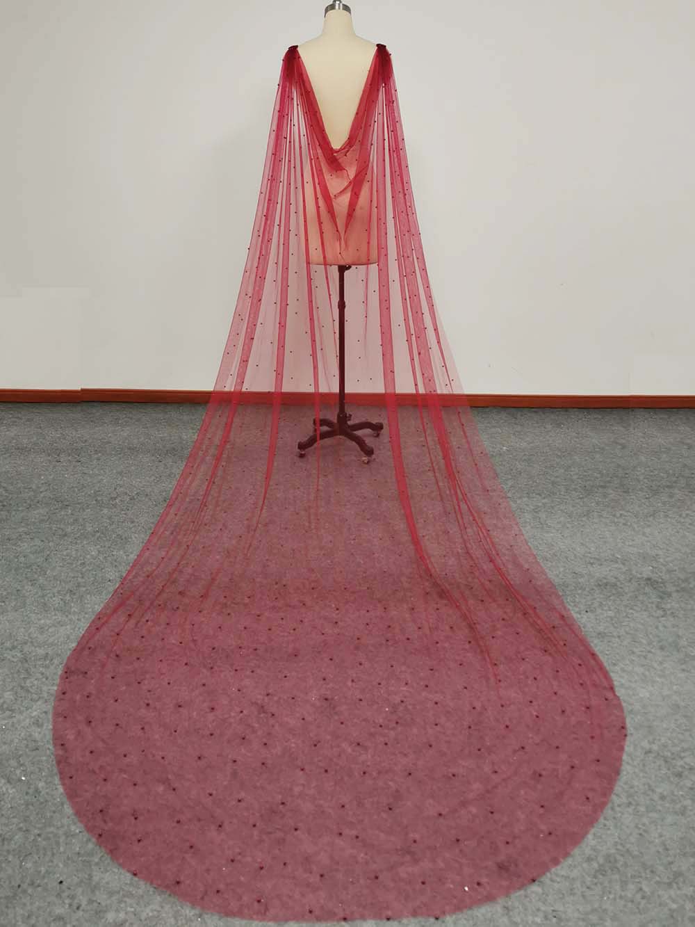 Burgundy Pearls Wedding Cape with Pins, Long Pearls Veil