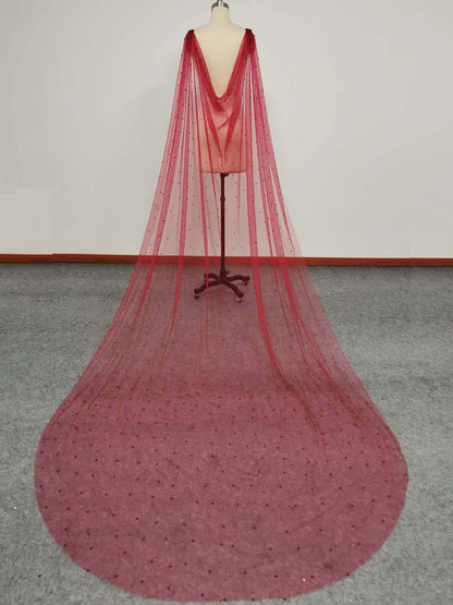 Burgundy Pearls Wedding Cape with Pins, Long Pearls Veil
