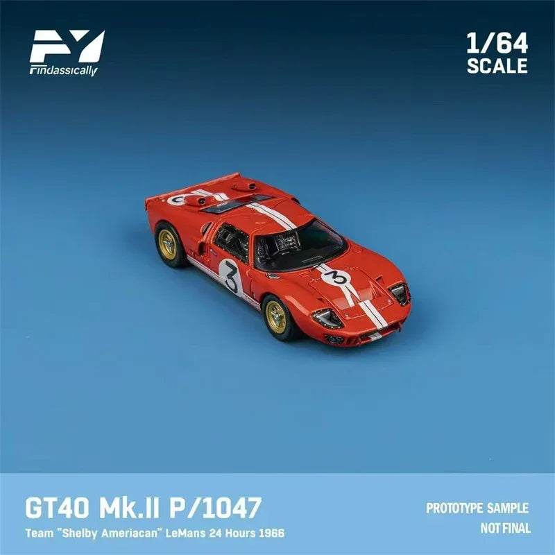 GT40 Mk.II P/1047 model car in red with racing stripes, showcasing detailed design.