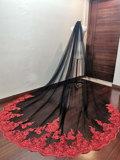 Wedding Veil Black Tulle Red Lace One Layer Long Bridal Veil with Comb