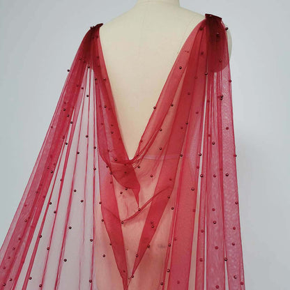 Burgundy Pearls Wedding Cape with Pins, Long Pearls Veil