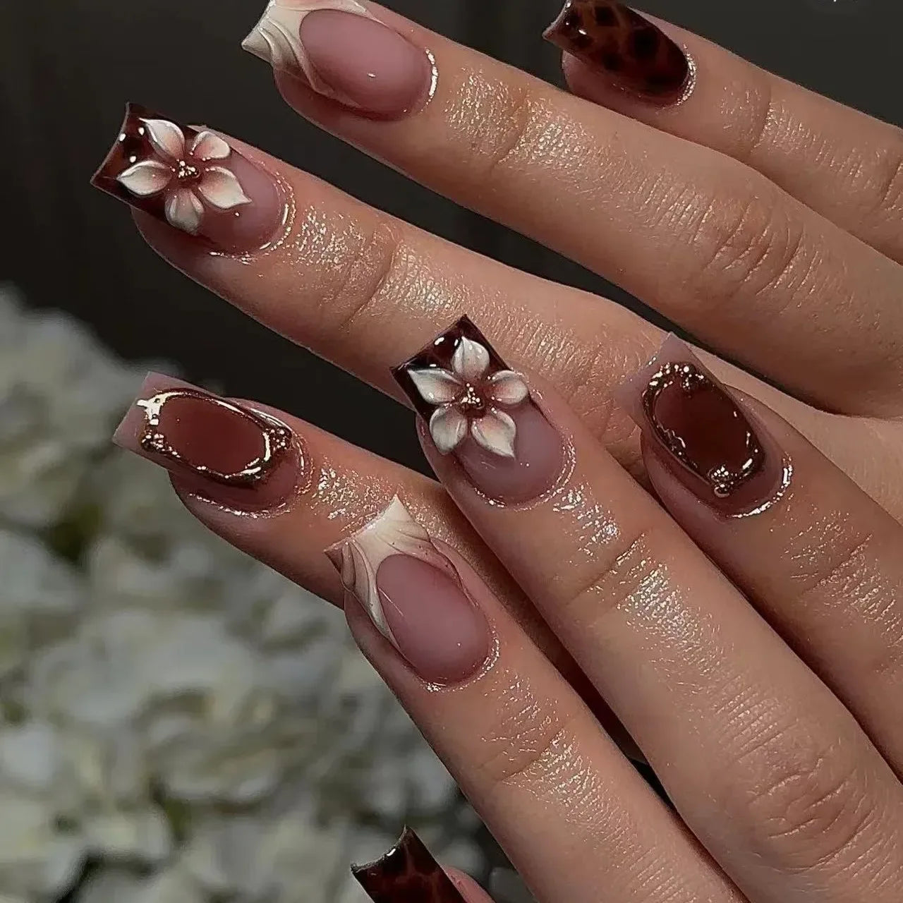 3D Leopard Flower Press On Nails – 24pcs Medium Square French Style