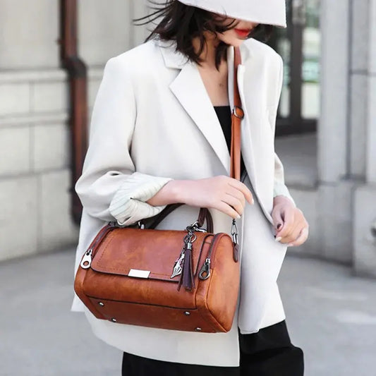 Tassel Decor Women’s Large Capacity PU Leather Shoulder & Crossbody Bag – Fashion Boston Handbag with Zipper and Removable Strap