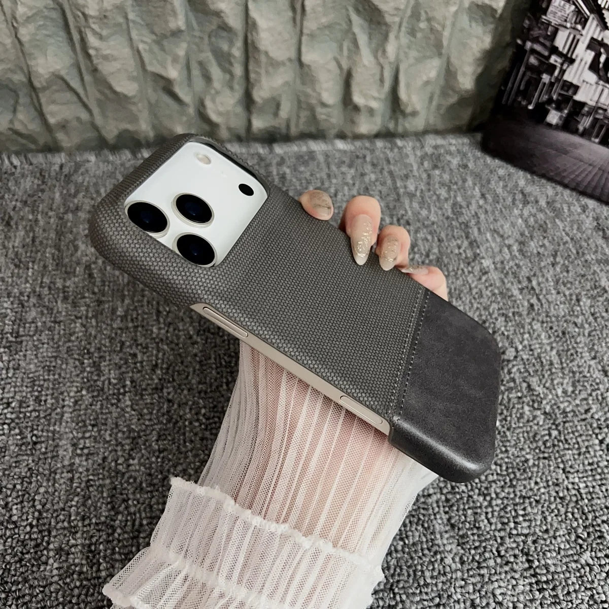 Luxury Leather Splice Business Phone Case For iPhone 17 Air / 16 / 15 Pro Max – Matte Weaving Frameless Shockproof Cover