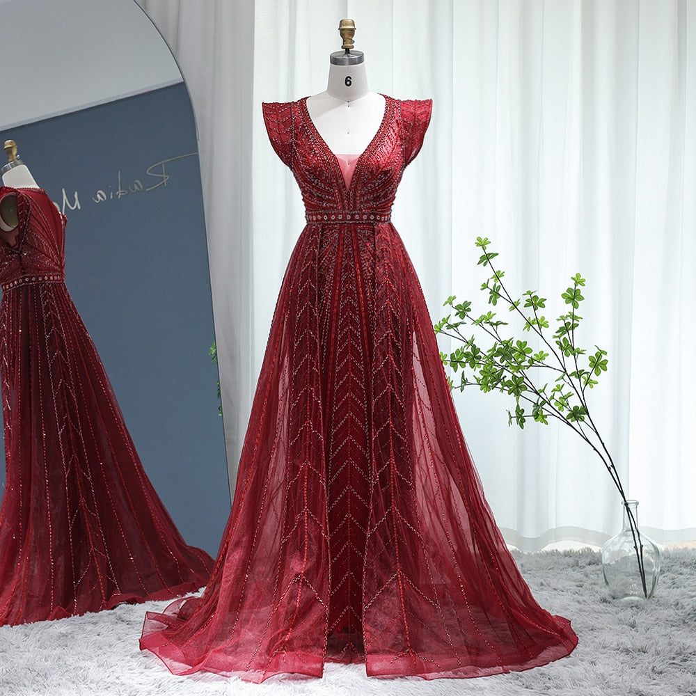 Dubai Silver Nude Evening Dresses with Elegant Cap Sleeve Crystal Arabic Formal Dresses