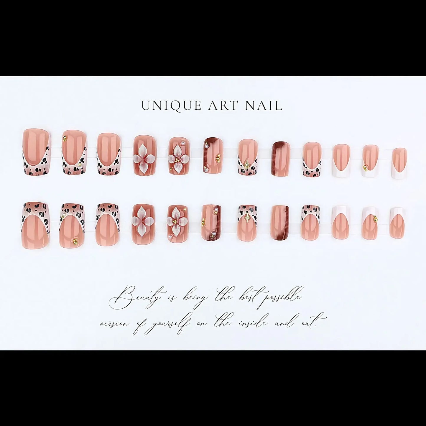 3D Leopard Flower Press On Nails – 24pcs Medium Square French Style