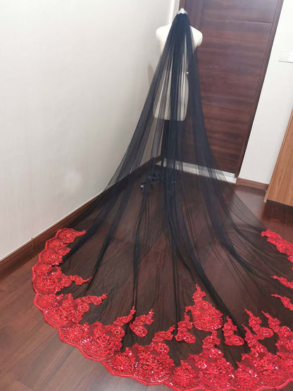 Wedding Veil Black Tulle Red Lace One Layer Long Bridal Veil with Comb