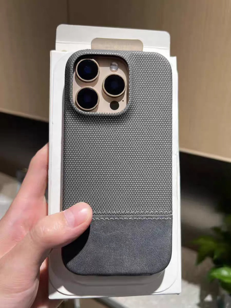 Luxury Leather Splice Business Phone Case For iPhone 17 Air / 16 / 15 Pro Max – Matte Weaving Frameless Shockproof Cover