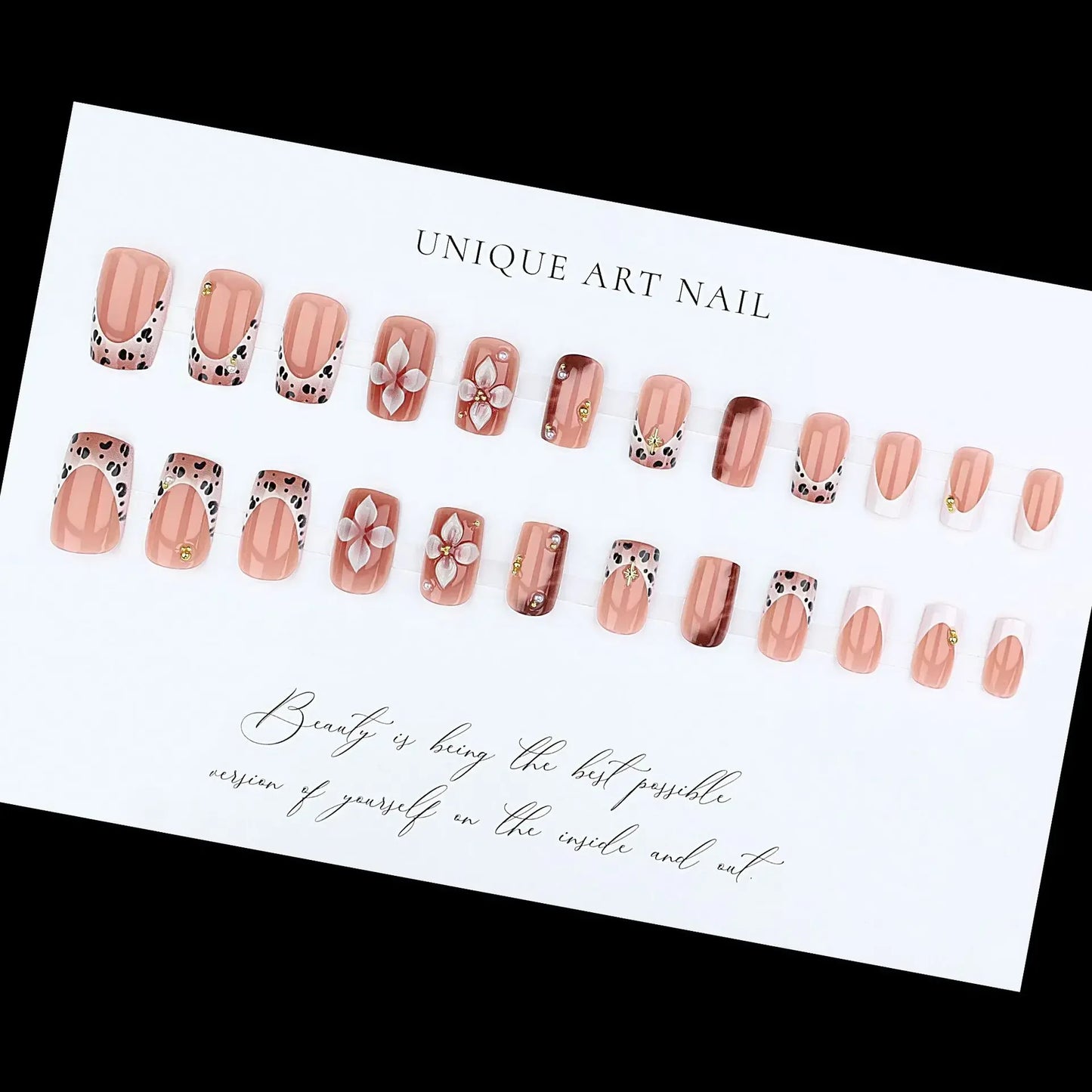 3D Leopard Flower Press On Nails – 24pcs Medium Square French Style