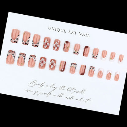 3D Leopard Flower Press On Nails – 24pcs Medium Square French Style