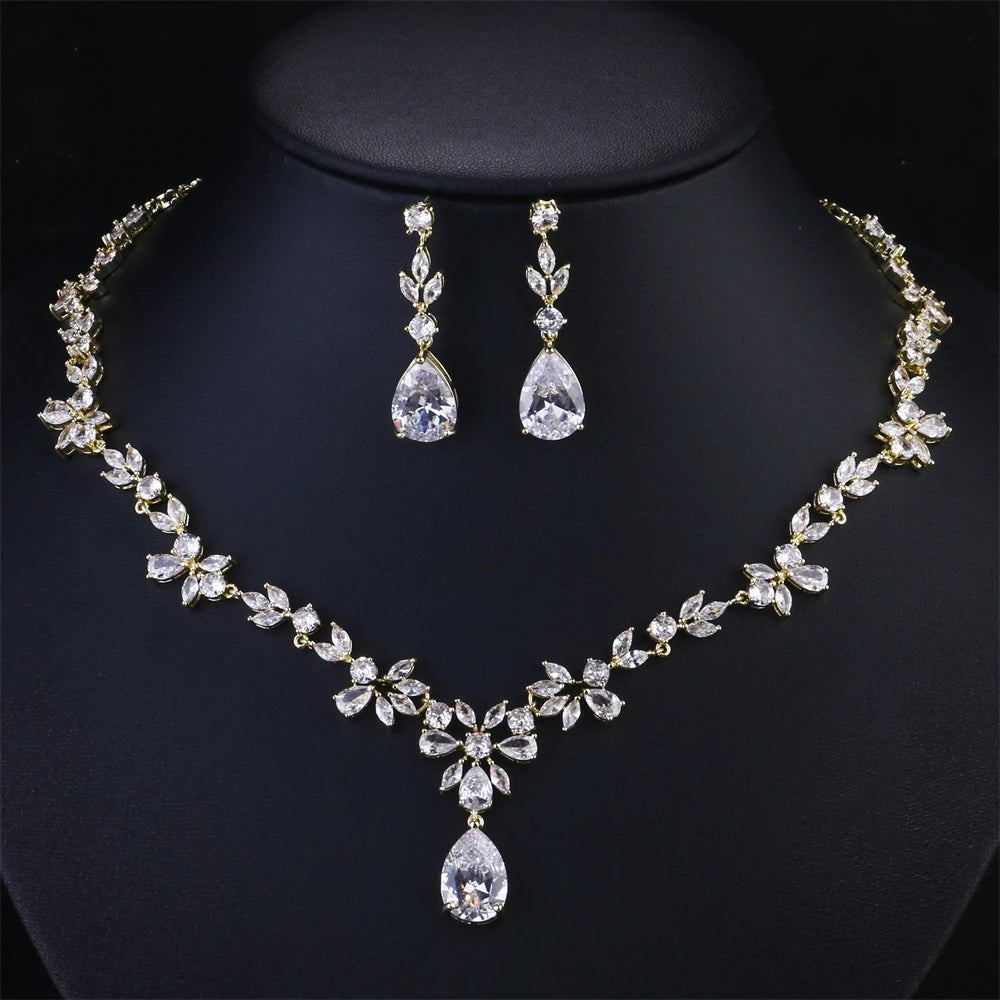 Water Drop Cubic Zirconia Jewelry Set – Romantic Necklace & Earrings for Women | Fashion Bridal Gift in Copper with CZ Sparkle