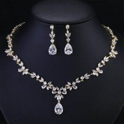 Water Drop Cubic Zirconia Jewelry Set – Romantic Necklace & Earrings for Women | Fashion Bridal Gift in Copper with CZ Sparkle
