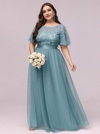 New Plus Size Sparkle Evening Dresses Long A-Line O-Neck Short Sleeve LONG Formal Dresses