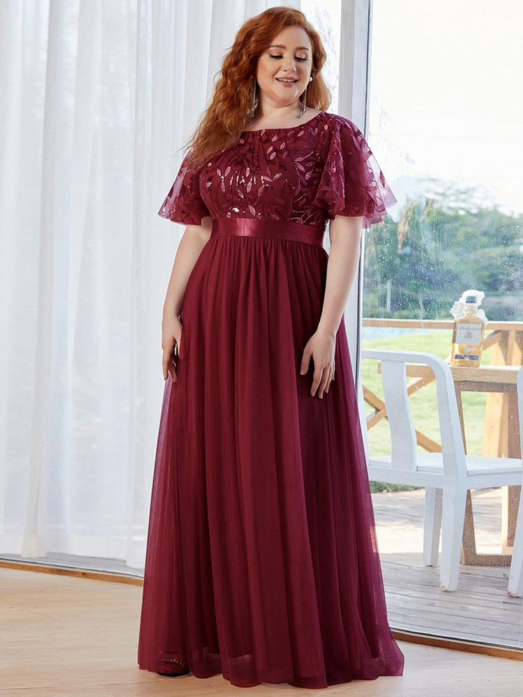 New Plus Size Sparkle Evening Dresses Long A-Line O-Neck Short Sleeve LONG Formal Dresses