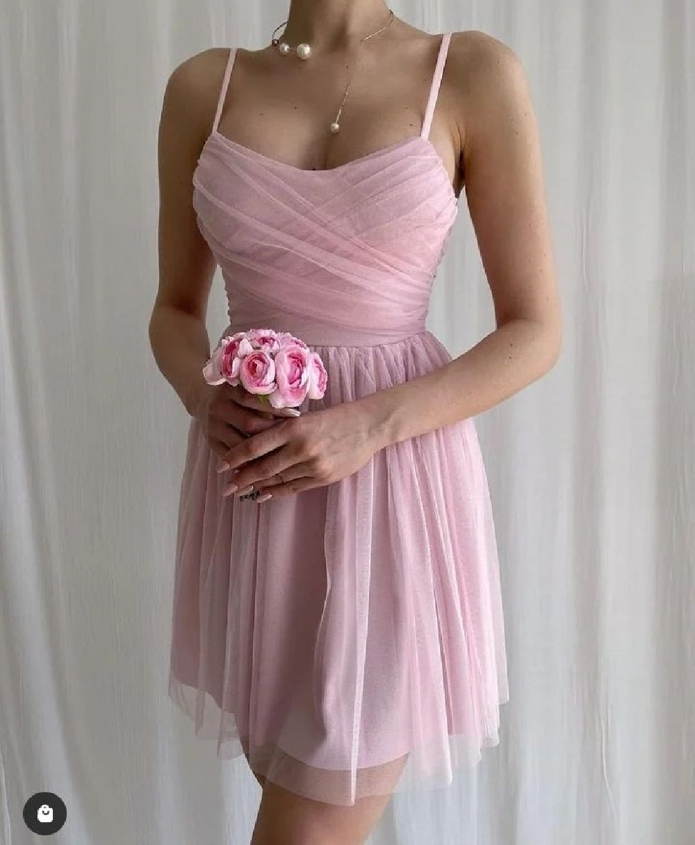 Pink Tulle Short Prom Dresses Pleats Spaghetti Strap Above Knee Wedding Party Dresses