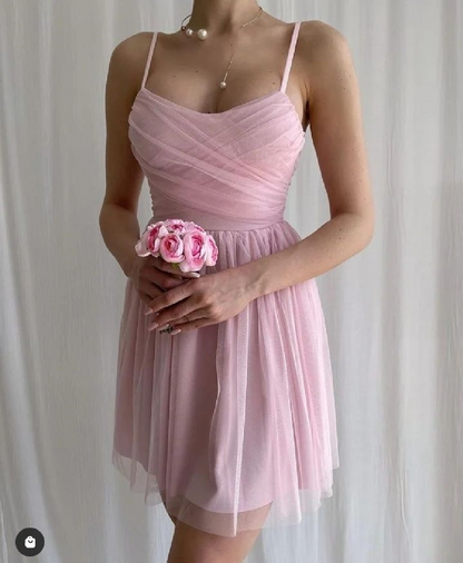 Pink Tulle Short Prom Dresses Pleats Spaghetti Strap Above Knee Wedding Party Dresses