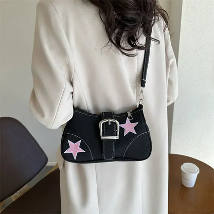 Y2K Fashion Women’s Shoulder Bag – Trendy Star Pattern Canvas Underarm Bag with Chain Strap, Cute Mini Tote Purse for Girls