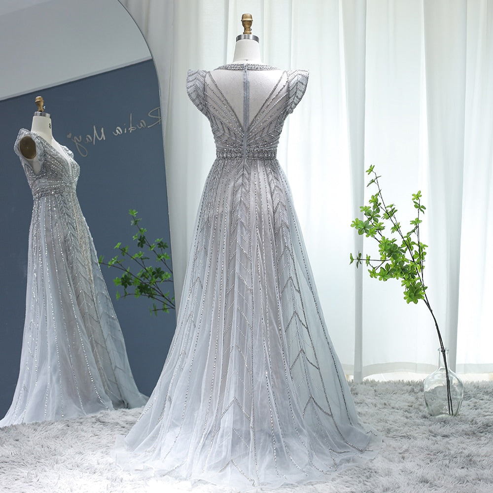 Dubai Silver Nude Evening Dresses with Elegant Cap Sleeve Crystal Arabic Formal Dresses