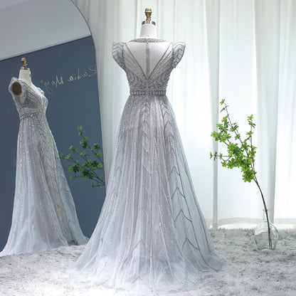 Dubai Silver Nude Evening Dresses with Elegant Cap Sleeve Crystal Arabic Formal Dresses