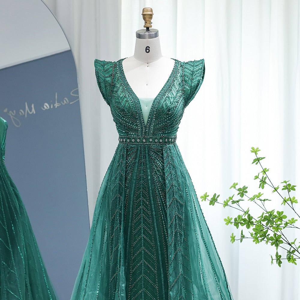 Dubai Silver Nude Evening Dresses with Elegant Cap Sleeve Crystal Arabic Formal Dresses