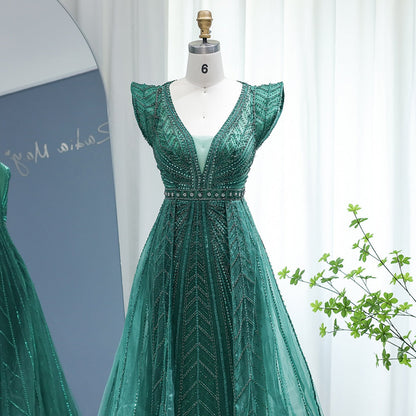 Dubai Silver Nude Evening Dresses with Elegant Cap Sleeve Crystal Arabic Formal Dresses