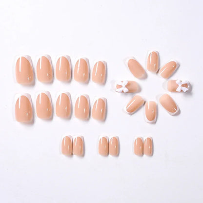 24 Pcs White French Press On Nails with 3D Bow – Short Square Acrylic Fake Nails, Reusable Full Cover Glue On Nails for Women, Ballet Y2K Style