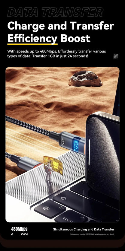 ESSAGER 100W USB-C to USB-C Fast Charging Cable – Digital Display Braided Data Cord